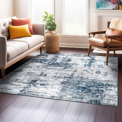 Distressed Blue and Gray Square Abstract Synthetic Area Rug