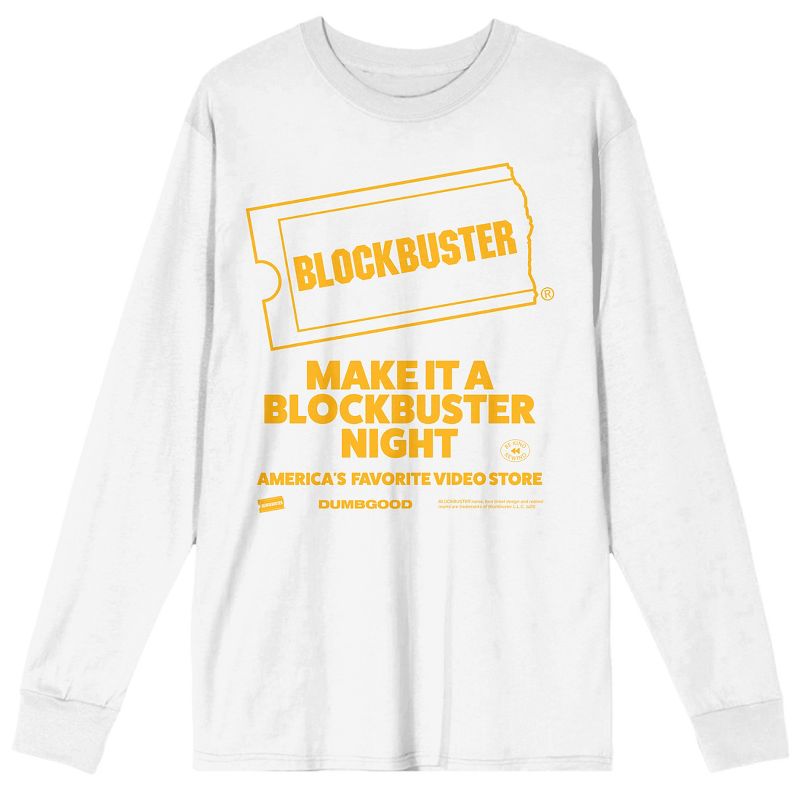 Blockbuster Make It A Blockbuster Night Crew Neck Long Sleeve White Adult Tee, 1 of 4