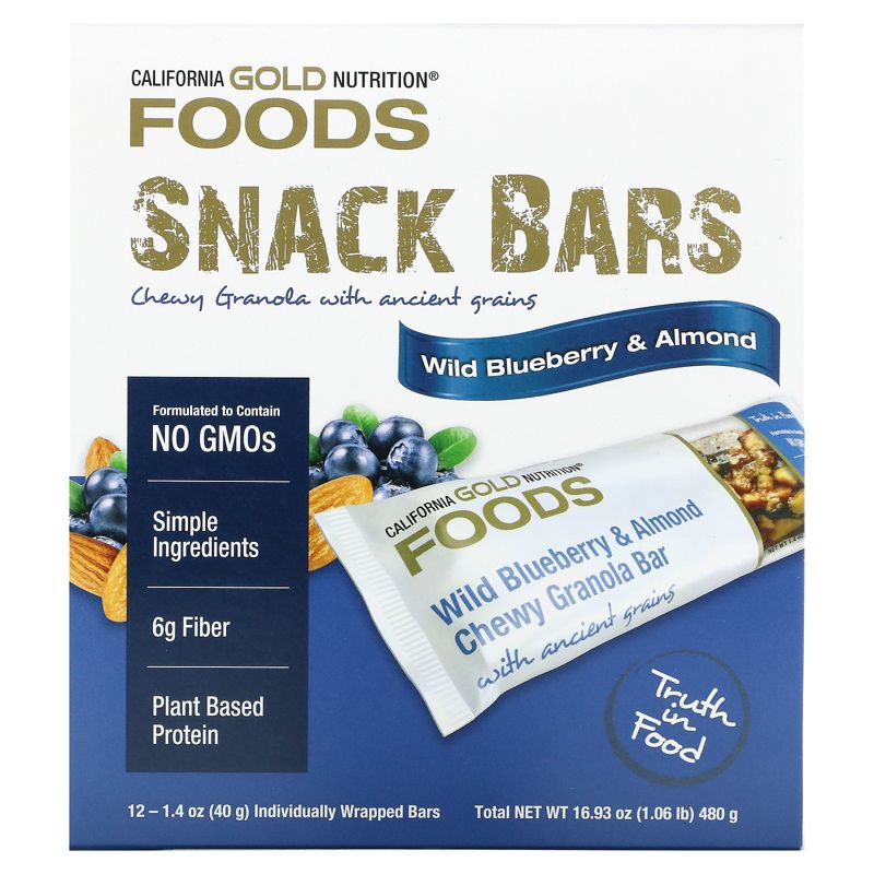 California Gold Nutrition FOODS, Wild Blueberry & Almond Chewy Granola Bars, 12 Bars, 1.4 oz (40 g) Each, 2 of 3