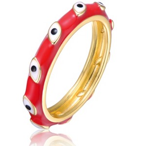 Guili 14K Gold Plated Slim Bamboo Stacking Ring with White Evil Eye Enamel – A Chic & Protective Piece for Kids & Teens in Blue or Red, Sizes 3-7. - 1 of 3