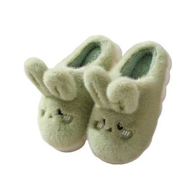 TIME HOLLOW Green Plush Bunny Cotton Slippers, Non-Slip