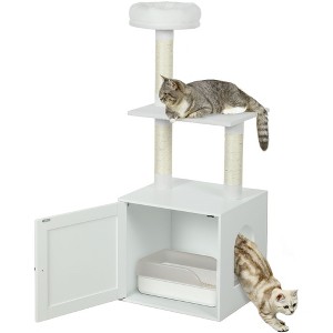 PawHut Cat Tree with Litter Box Enclosure for Indoor Cats with Scratching Posts, Bed, Climbing Platforms, Modern Style Pet Furniture, White - 1 of 4