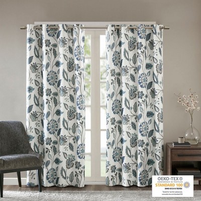 Floral Printed Room Darkening Sheen Window Panel, White Dobby Jacquard Fabric Foamback Finish Curtain for Luxurious Decor Style