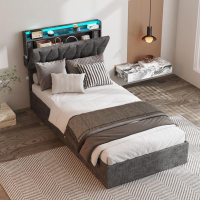 Lift Up Storage Bed Frame, Height Adjustable Storage Headboard with Charging Station