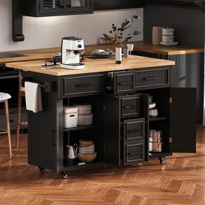 Kitchen Island with Drop Leaf, Rolling Kitchen Cart on Wheels with Doors, Drawers and Power Outlet for Dining Room - 1 of 4