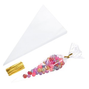 Unique Bargains OPP Material Cone Shape Candy Treat Bags with Twist Ties 100 Pcs - 1 of 4