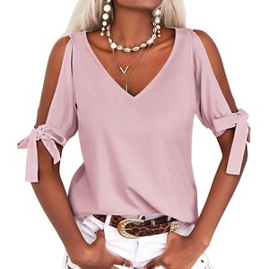 Imily Bela Women Summer V Neck Cold Shoulder Tops Loose Casual Tee Chic Cutout Blouse - 1 of 4
