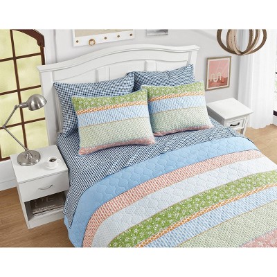 Bohemian Bliss Reversible Cotton Quilt Set in Chambray Blue, Full Size