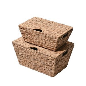 happimess Wilder Classic Farmhouse Woven Hyacinth Rectangular Storage Baskets with Lids and Handles - 1 of 4