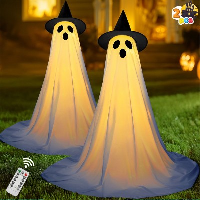 Joyfy 2 Packs 55'' Halloween Outdoor Decoration, Light Up Standing Ghost with Witch Hat & Remote Control for Yard Porch Lawn Decor, Haunted House Prop