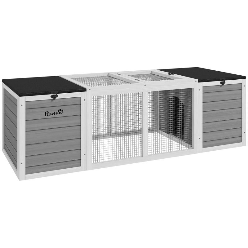 PawHut 55" Rabbit Hutch, Outdoor Rabbit Cage Guinea Pig Cage with Dual Main Living House, Run Cage, Openable Asphalt Roofs for 1-2 Rabbits, Gray, 1 of 7
