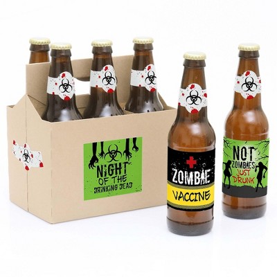 Big Dot of Happiness Zombie Zone - Halloween or Birthday Zombie Crawl Party Decorations for Women and Men - 6 Beer Bottle Label Stickers and 1 Carrier