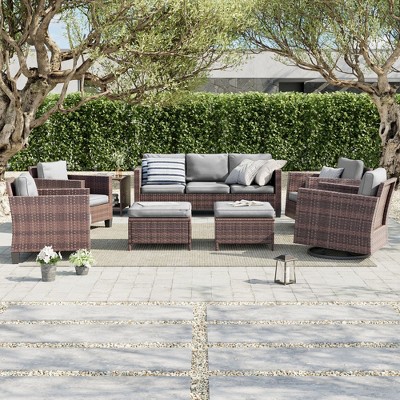 Sonkuki 8-Piece Patio Conversation Set with Swivel Rocking Chair and Side Table, Navy Blue Cushion