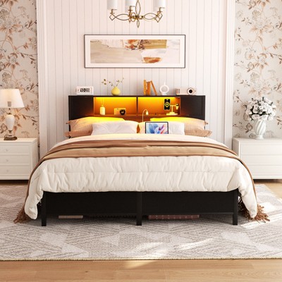 Aheaplus Storage Platform Bed Frame with Charge Station and LED Light
