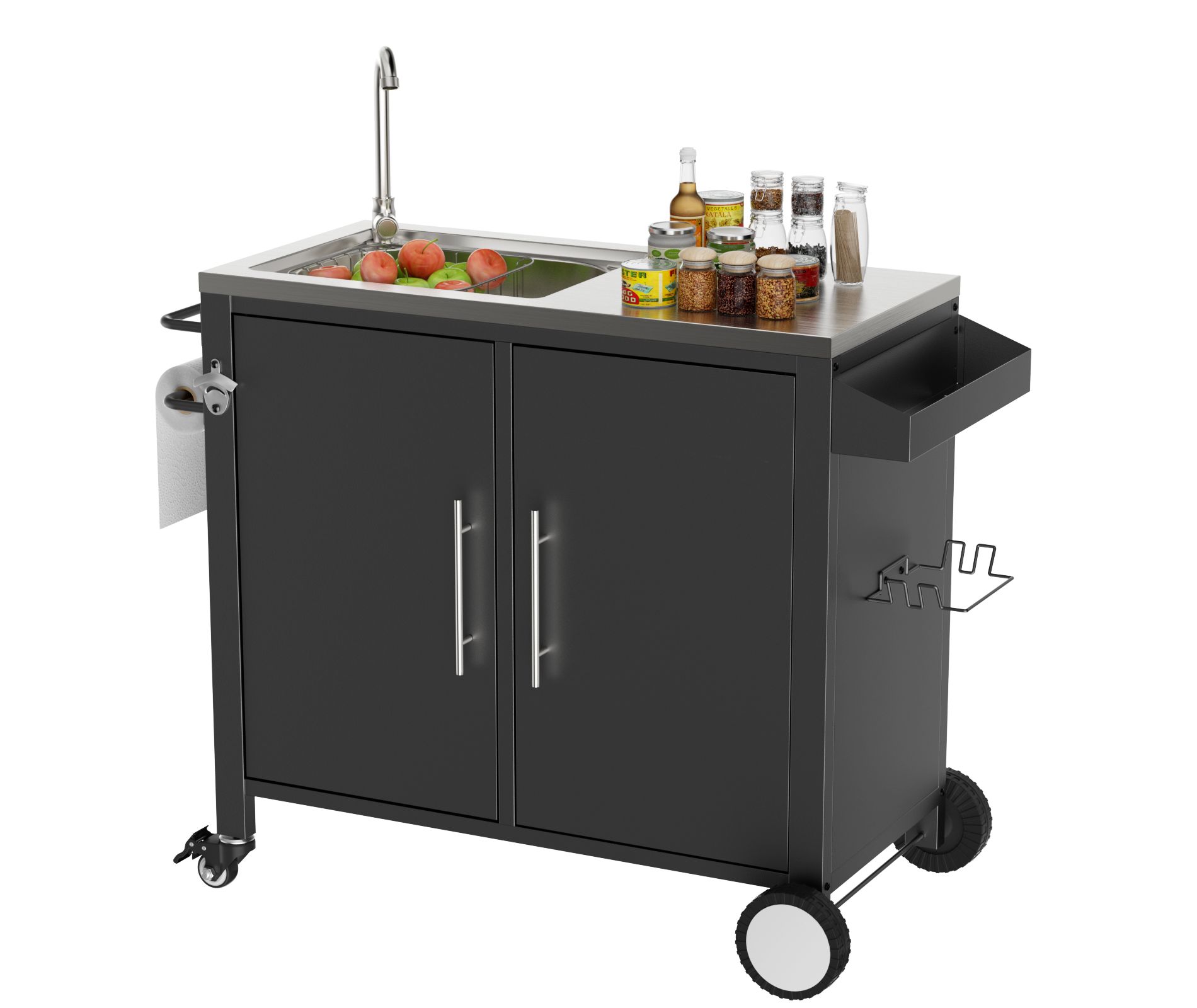 ORRD Outdoor Grill Table with Sink, 304 Stainless Steel BBQ Cart with Cabinet & Wheels, Mobile Kitchen Station for Patio Garden Camping