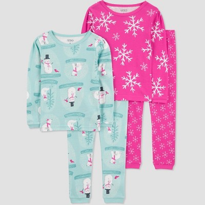 Image of Carter's Just One You® Toddler Girls' 4pc Snug Fit Cotton Long Sleeve Snowflakes and Snowman Pajama Set - Blue/Pink 12M