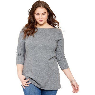 Woman Within Plus Size Perfect Three-Quarter Sleeve Boatneck Tee