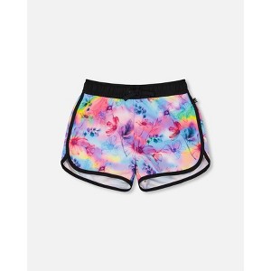 Deux par Deux Girl Printed Swim Shorts Butterflies on Multicolored and Black Background - 1 of 4