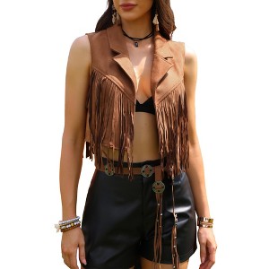 INSPIRE CHIC Women's Notched Collar Sleeveless Western Faux Suede Tassel Cropped Fringe Waistcoat - 1 of 4
