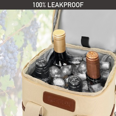 Cream Beige Insulated 4-Bottle Wine Tote Carrier with PU Leather Trim