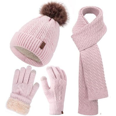 ZUPPAD Winter Hat Scarf Gloves Set for Women, Classic Cable Beanie with Removable Pom Pom Long Scarf Touchscreen Gloves 3 in 1 Set