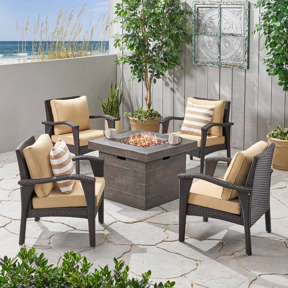 Keana 5pc Faux Rattan Club Chair & Fire Pit Chat Set Brown Tan Christopher Knight Home