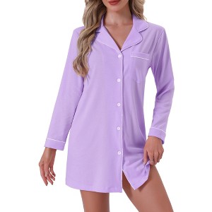 cheibear Women's Casual Long Sleeve Notched Lapel Button Down Lounge Nightshirt - 1 of 4