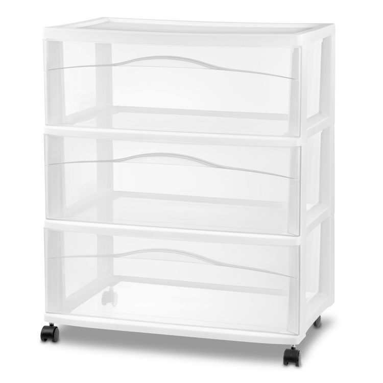 A white colored utility storage cart with three transparent drawers and four black wheels.
