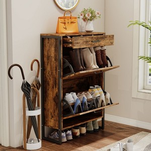 KTMBDW Rustic Shoe Cabinet with Flip Drawers, Narrow Shoe Cabinet with Metal Legs & Handles for Entryway, Hallway, Organizer - 1 of 4