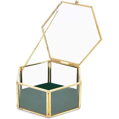 Photo 1 of Velvet Glass Jewelry Box, Gold Hexagon Box for Trinkets (5 x 4.5 x 2.1 In)
