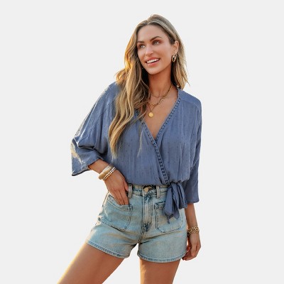 Women's Blue Surplice Tie Waist Cropped Blouse - Cupshe
