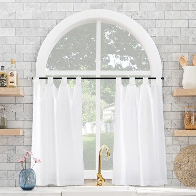 2pc 52"x45" Archaeo Linen Cotton Blend Cafe Curtain Tier Pair White: 45 Inch Kitchen Curtains, Tab Top, Machine Washable