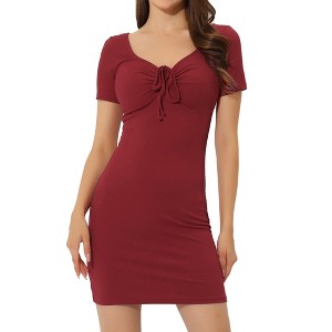 Allegra K Women's Knit Slim Fit Ruched Drawstring Tie Front Casual Mini Bodycon Dress - 1 of 4