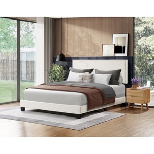 Racxily Full Size Luma Platform Bed, Linen Upholstered Headboard with Nailhead Trim & Slatted Base , Beige - 1 of 4
