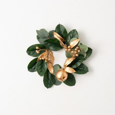 13H Sullivans Gold Berry Leaf Christmas Mini Wreath, Green