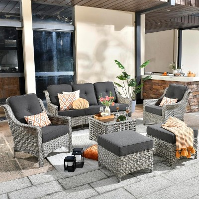 XIZZI 6 Pieces Wicker Conversation Set, 3-Seat Sofa with Cushion, High Back Rattan Chairs, Ottomans and Coffee Table for Garden Backyard