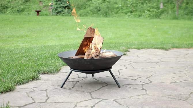 Sunnydaze Outdoor Camping or Backyard Cast Iron Round Rustic Raised Fire Pit Bowl with Steel Finish on Stand - 22", 2 of 10, play video