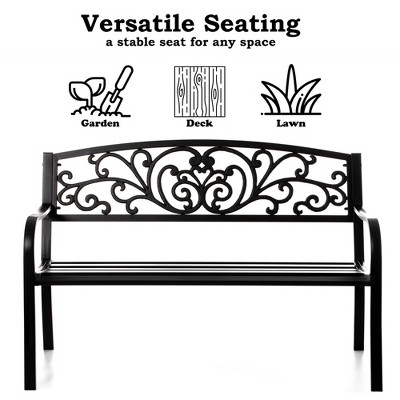 Black Powder Coated Steel Outdoor Bench with Cast Iron Backrest