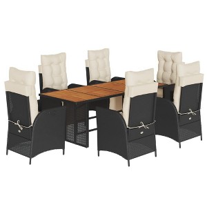 vidaXL 7 Piece Patio Dining Set with Cushions - Black PE Rattan, Acacia Wood Table, Reclining Seats, Cream White Cushions for Garden/Backyard/Patio - 1 of 4