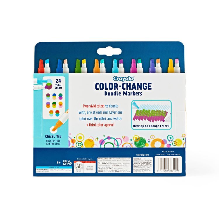 A pack of Crayola Color-Change Doodle Markers with 24 total colors and chisel tips, featuring instructions for overlapping colors to create a third color.