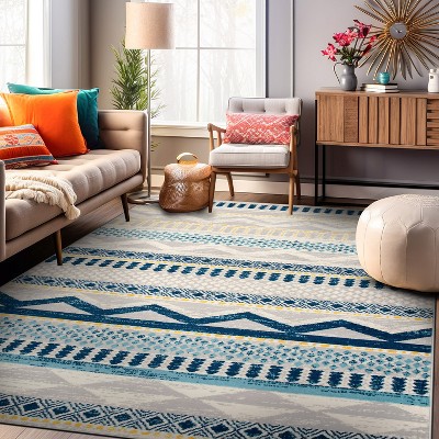 Boho Blue Geometric Tufted Synthetic Area Rug