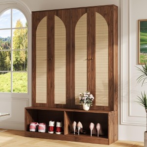 Whisen Farmhouse Widen Hall Tree with 4 Rattan Doors, 4-In-1 Seating Bench with 6 Hooks & Adjustable Shelf - 1 of 4