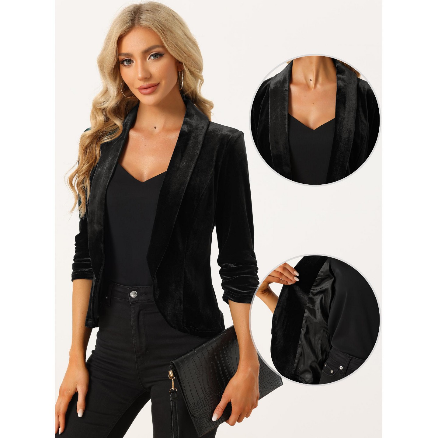 Женские пиджаки INSPIRE CHIC Velvet Lapel Collar Open Front Blazers X-Large Black, цвет: Чёрный — фото 2