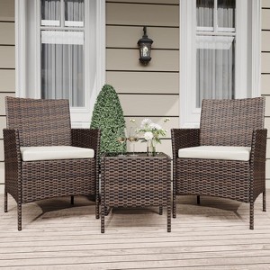3-Piece Patio Furniture Set, PE Rattan Chairs w/ Soft Cushions & Glass Coffee Table - Outdoor Conversation Set for Garden, Deck, Poolside, - 1 of 4