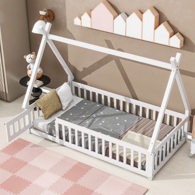 1Pc Tent Floor Bed for Kids, Natural Pine Wood Tent Frame with Guardrails, Door and Slats for Safe Sleep Play - Baofuwish