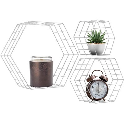 Sorbus Metal Wire Hexagon Design Wall Mounted Floating Shelves, Set of 3 - White
