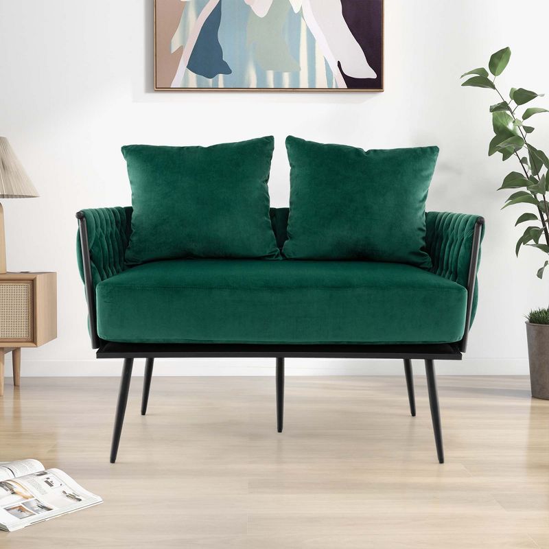 Costway Modern Loveseat Sofa Upholstered Dutch Velvet Couch with Woven Back & Arms Green/Grey, 5 of 11