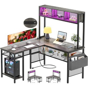 Aheaplus Corner L Desk with Hutch, Reversible Computer Table with LED Light and Charging Station - 1 of 4