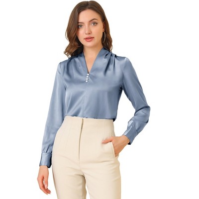 INSPIRE CHIC Women's V Neck Decor Button Pleated Solid Office Long Sleeve Shirt