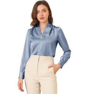 INSPIRE CHIC Women's V Neck Decor Button Pleated Solid Office Long Sleeve Shirt - 1 of 4